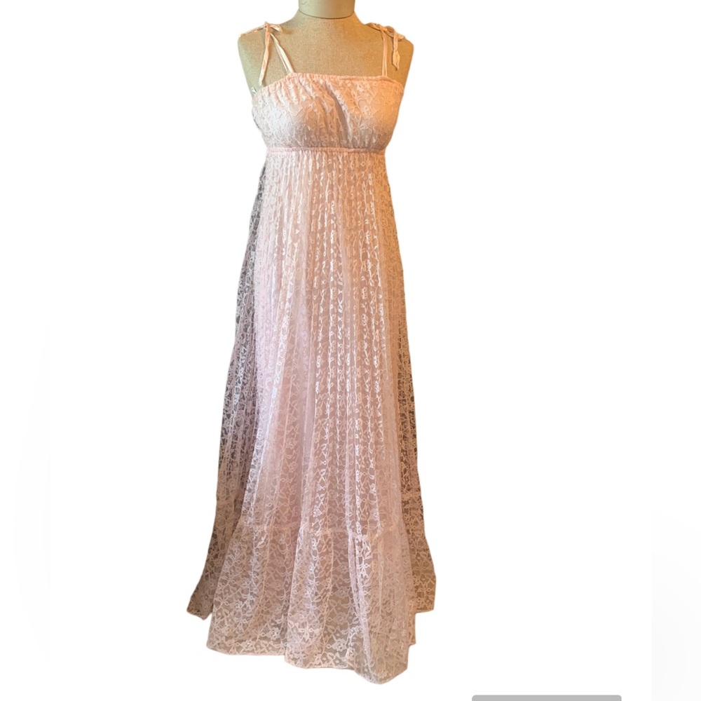 Vintage 70's Beautiful Pale Pink Pleated Lace Dress Ribbon Straps Cottage Core - Picture 3 of 10